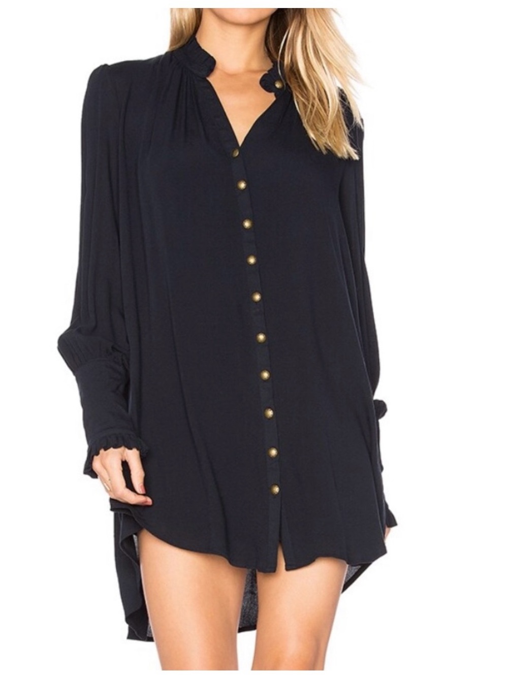 Free People Navy Midi Button-Down Tunic Dress with Brass Buttons